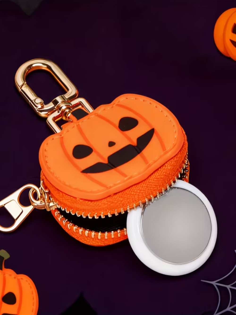 Halloween Pumpkin Jack-o-lantern Mini Coin Purse Keychain - Orange and Black